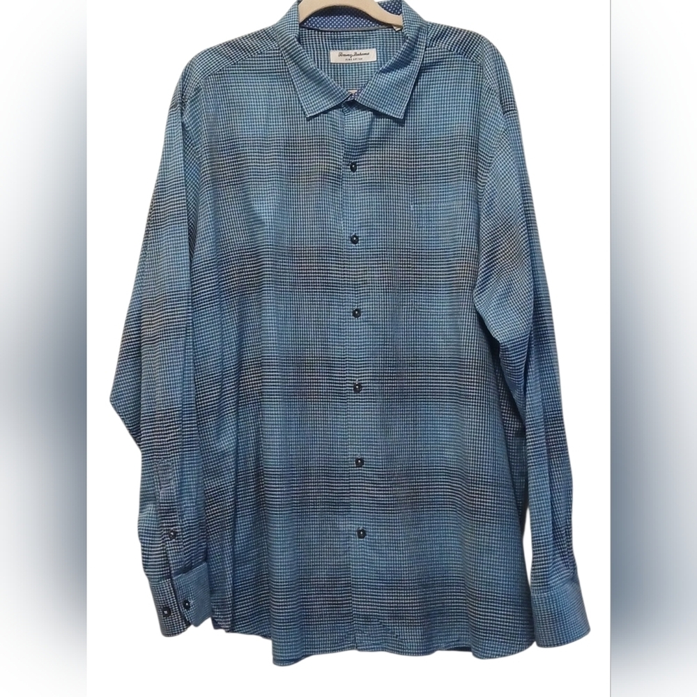 Tommy Bahama Mens Large Blue Pima Cotton Button Down Pocket Shirt Plaid